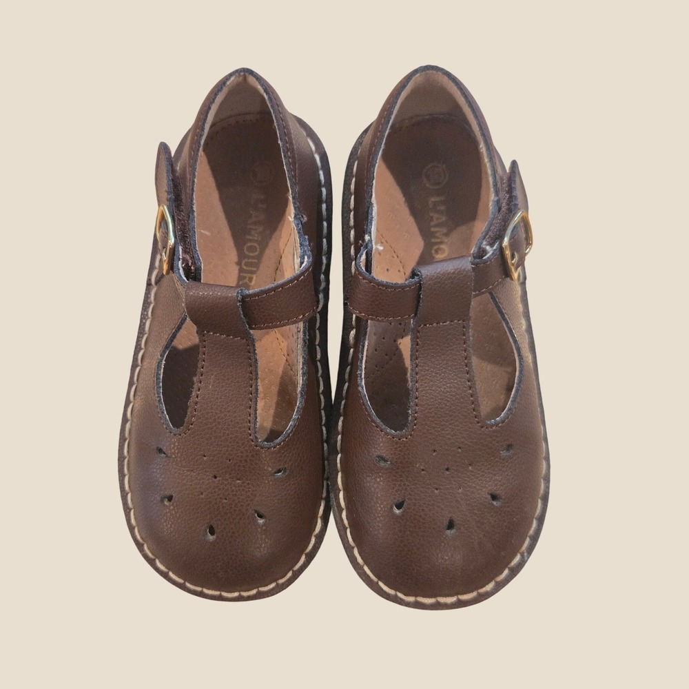 L'Amour Toddler Brown Leather T-Strap Mary Jane Shoes Size 5 Perforated Toe
